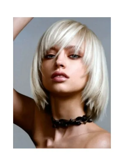 Young Fashion Platinum Blonde Medium Long Bob Straight Lace Front Wigs