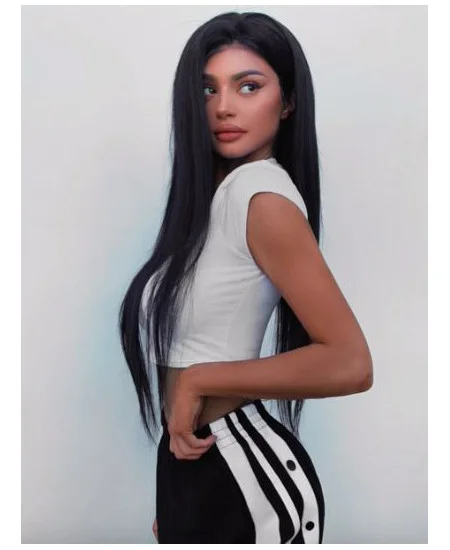 Modern Long 20 inch Black Synthetic Lace Front Kylie Jenner Wigs