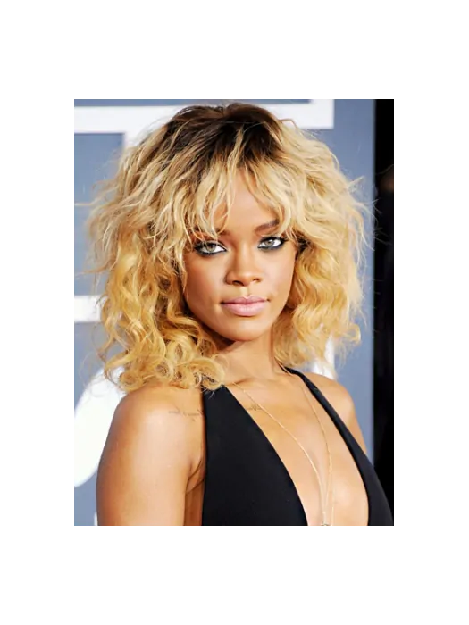 Rihanna New Fashioned Mid-length Wavy Full Lace Human Hair Wig with Bangs