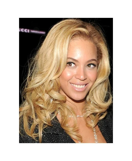 Beyonce Knowles Bright Blond 100 per Human Hair Mid-length Wavy Glueless Lace Front Wig about 14  inches