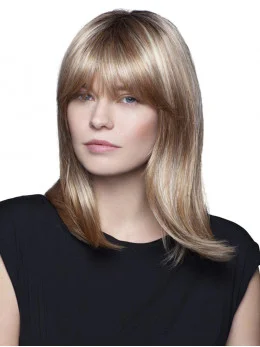 Natural Blonde Straight With Bangs Synthetic Medium Wigs