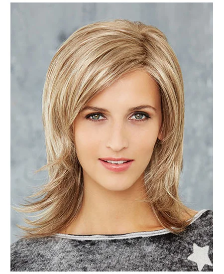 Straight 14 inch Blonde Shoulder Length Synthetic Layered Newest Mono Wigs