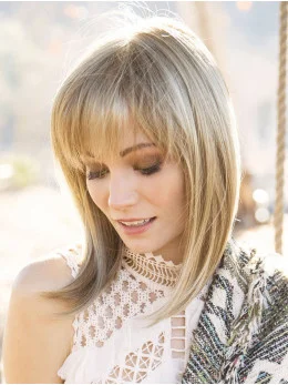 Blonde 14 inch With Bangs Shoulder Length Amazing Monofilament Wigs