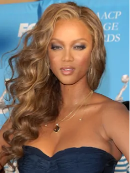 Tyra Banks Charming Sultry Long Curly Glueless Lace Front Human Hair Wig 22  inches