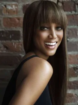 Tyra Banks Young Vivacious Charming Long Straight Glueless Lace Front Human Hair Wig 24  inches with Bangs